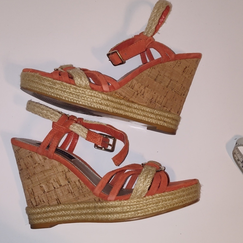 White House Black Market Juniper Leather/Cork Wedges Orange 6 1/2 Women's - Picture 3 of 9